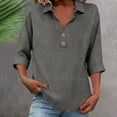 thumbnail image 1 of HOMBOM Tops for Women Spring Lapel Cotton Linen 3/4 Sleeve Button down Loose Fit Dark Gray V Neck Womens Blouse Solid, 1 of 5