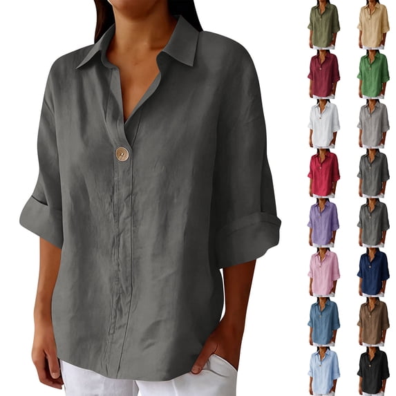 HOMBOM Tops for Women Spring Lapel Solid Dark Gray Loose Fit Cotton Linen 3/4 Sleeve Womens Blouse V Neck