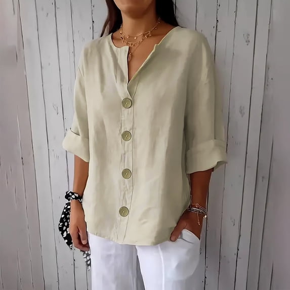 HOMBOM Tops for Women Summer 3/4 Sleeve Beige V-Neck 2025 Solid Color Button down Cotton Linen Blouse