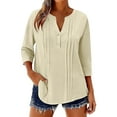 thumbnail image 1 of HOMBOM Tops for Women Summer Pleated Plus Size 3/4 Sleeve V Neck Khaki Dressy Casual Ladies T Shirts Solid, 1 of 6