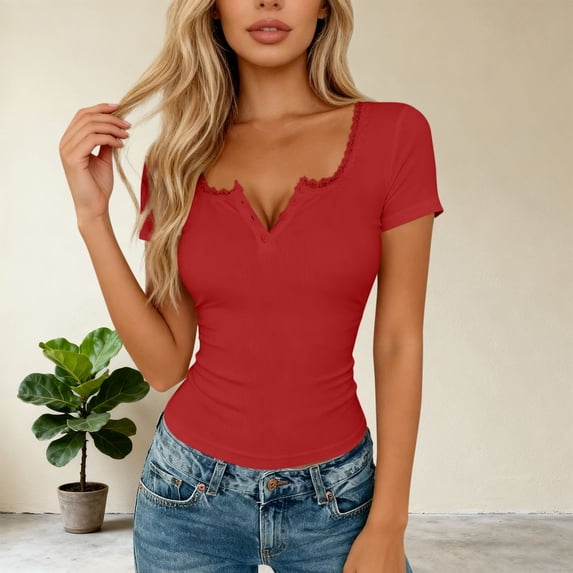 HOMBOM Tops for Women Summer T-Shirts Slim Solid Y2k Red Henley V Neck Going out Young Womans Graphic Tees Short Sleeve