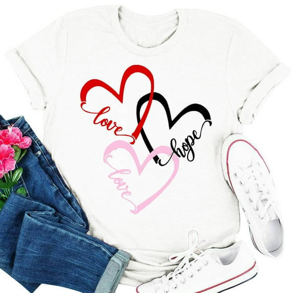 HOMBOM Tops for Women Trendy Crewneck White Short Sleeve Valentine's Day Print T-shirts Trendy Tops