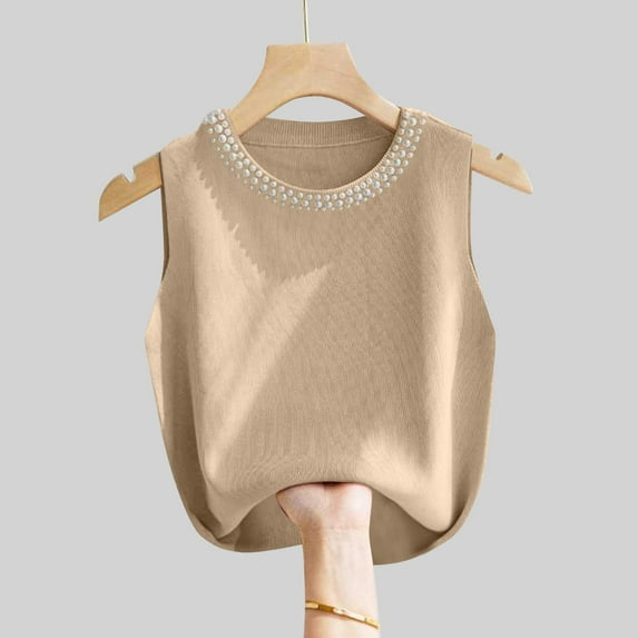 HOMBOM Tops for Women Trendy Summer Beige Crew Neck Spaghetti Straps Solid Color Sleeveless Knitted Vest