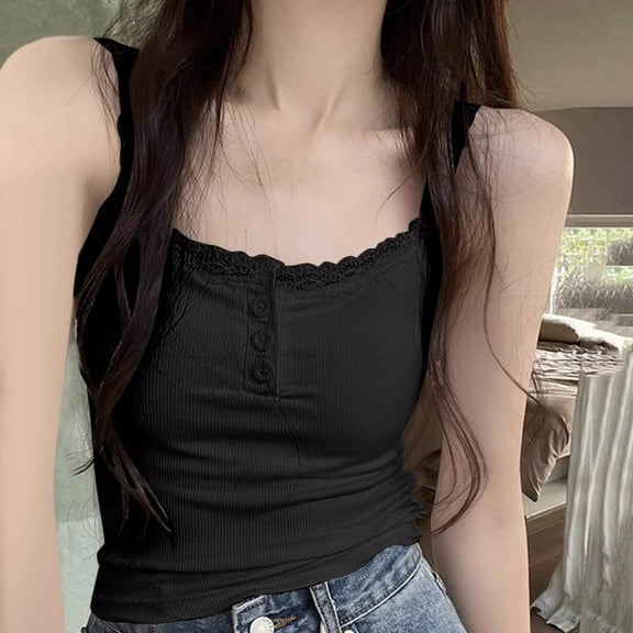 HOMBOM Tops for Women Trendy Summer Black Camisole Crew Neck Solid Color Spaghetti Straps Sleeveless Slim Tee Shirt