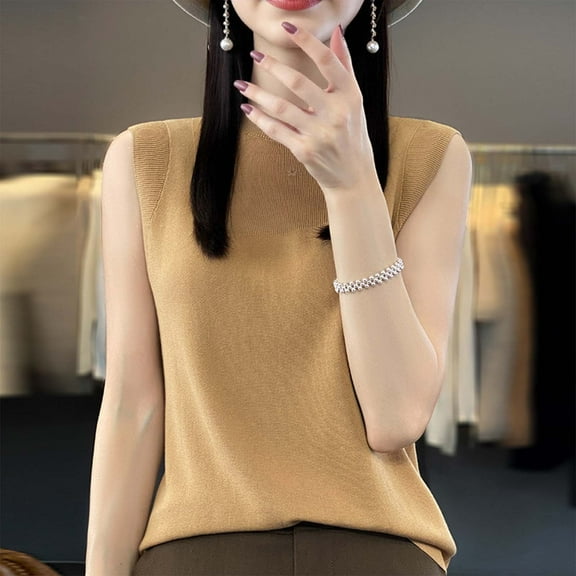 HOMBOM Tops for Women Trendy Summer Cutout Gold Solid Color Crew Neck Sleeveless Knitted Vest