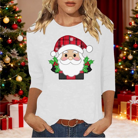 HOMBOM Tops for Women White Comfy Vintage 3/4 Sleeve Crewneck Merry and Bright Xmas Womens T Shirts