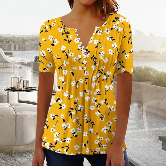 HOMBOM Trendy Shirts for Women Boho Henley Multicolor Loose V Neck Floral Casual Ladies Blouse