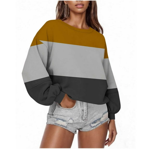 HOMBOM Trendy Sweatshirt for Women Lightweight Crew Neck Yellow Oversized Colorblock Long Sleeve Womens Tops
