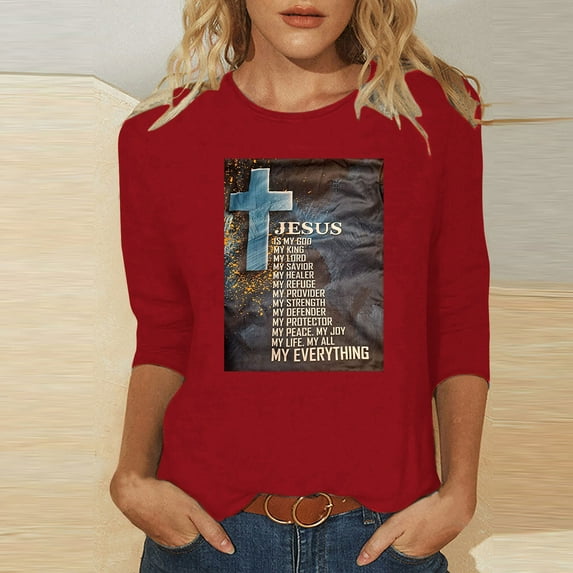 HOMBOM Trendy Tops For Women 2023 Red 3/4 Sleeve Easter Cross Print Round Neck Shirts Spring Womens Easter Shirts XL