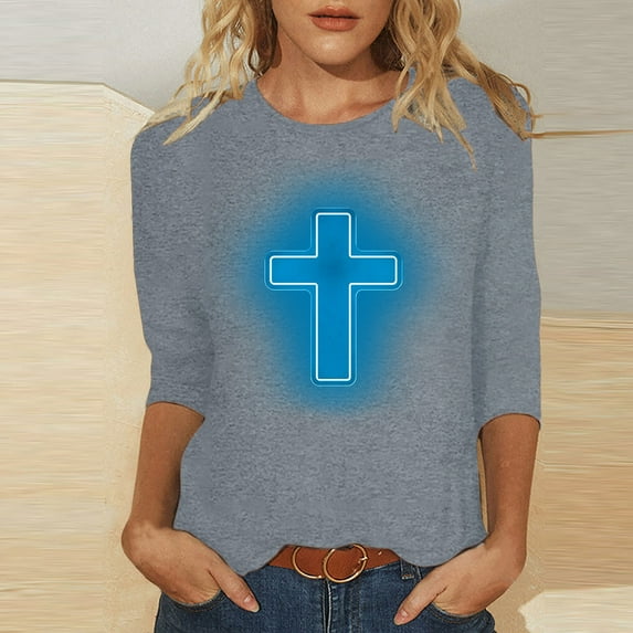 HOMBOM Trendy Tops For Women 2024 3/4 Sleeve Gray Round Neck Easter Cross Print Shirts Easter Blouse Womens Under 5 Dollars S