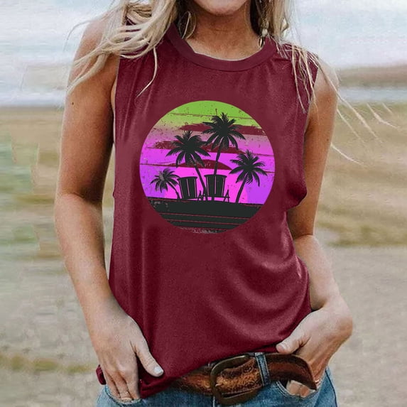 HOMBOM Trendy Tops for Women 2023 Wine Sleeveless Crew Neck Graphic Tee Tank Tops Tropical Hawaiian Palm Tree Summer Tops XL