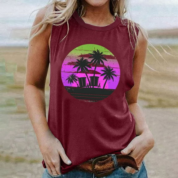 HOMBOM Trendy Tops for Women 2023 Wine Sleeveless Crew Neck Graphic Tee Tank Tops Tropical Hawaiian Palm Tree Summer Tops XL