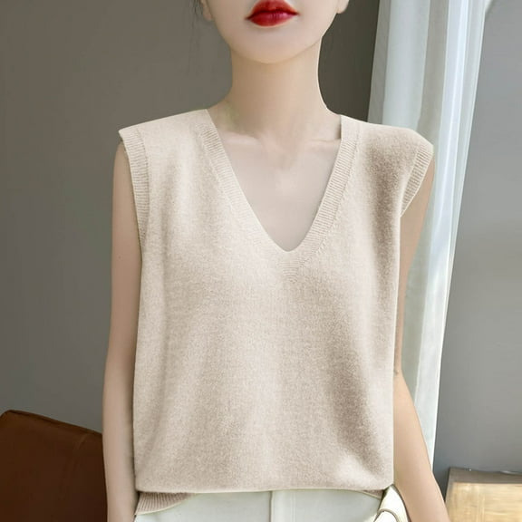 HOMBOM Trendy Tops for Women 2025 Cutout Beige Solid Color V-Neck Sleeveless Knitted Vest