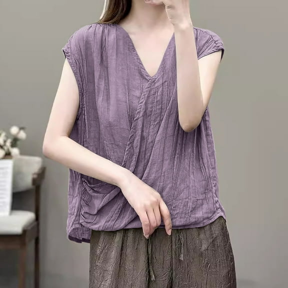 HOMBOM Trendy Tops for Women 2025 Purple Solid Color V-Neck Sleeveless Cotton Linen Vest