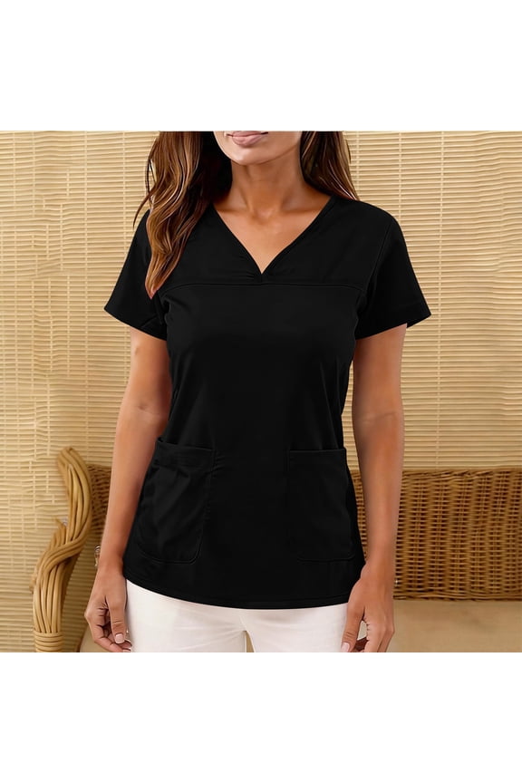 Trendy Tops for Women with Pockets Black Solid Color Short Sleeve Loose Scrubs Casual Ladies Blouse V Neck