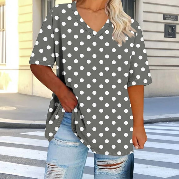 HOMBOM Trendy Women Shirts Gray Plus Size Loose Short Sleeve Polka Dot V Neck Blouse 5XL