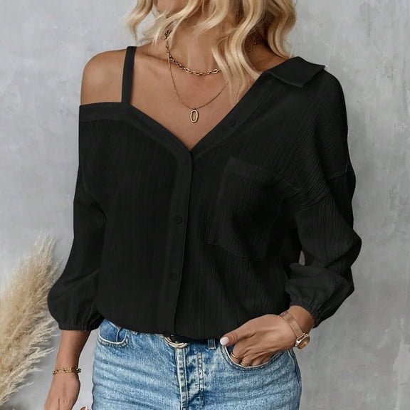 HOMBOM Trendy Women T Shirts Black 3/4 Sleeve V-Neck Off Shoulder Collared Temperament Loose Shirt with Pockets
