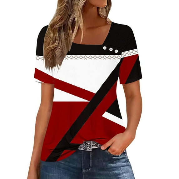 HOMBOM Trendy Women Tops Red Loose Square Neck Short Sleeve Color Block Asymmetrical Collar Blouse 3XL