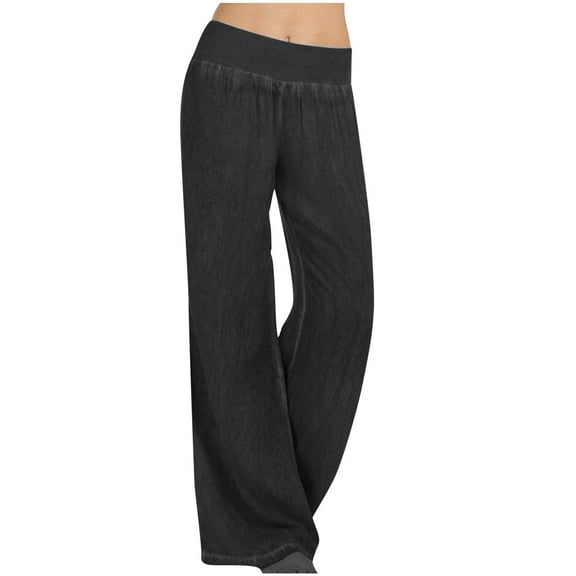 HOMBOM Trousers Wide Leg Pants Black Women Wide-Leg Mid Elastic Waist Casual Imitation Denim Pants Long Y2k Pants Women M