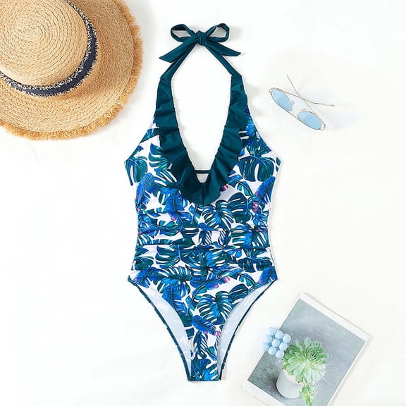 HOMBOM Tummy Control Swimsuit for Women High Cut Swimwear One Piece Floral Print Blue Adults Bathing Suit Athletic