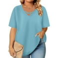 thumbnail image 1 of HOMBOM Tunic Blouses for Women Light Blue Spring V Neck Solid Short Sleeve Plus Size Blouse 3XL, 1 of 6