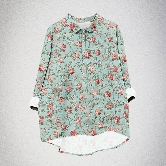 HOMBOM Tunic Tops for Women Turn down Collar Fall Long Sleeve V-Neck Shirts Green Ladies Loose