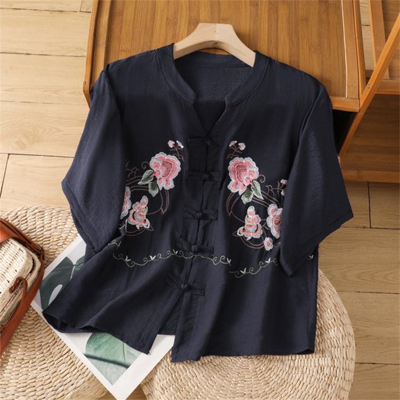 HOMBOM Tunnic T Shirts for Women Cotton Linen Embroidered Short Sleeve Navy New arrivals Crew Neck Floral Blouse