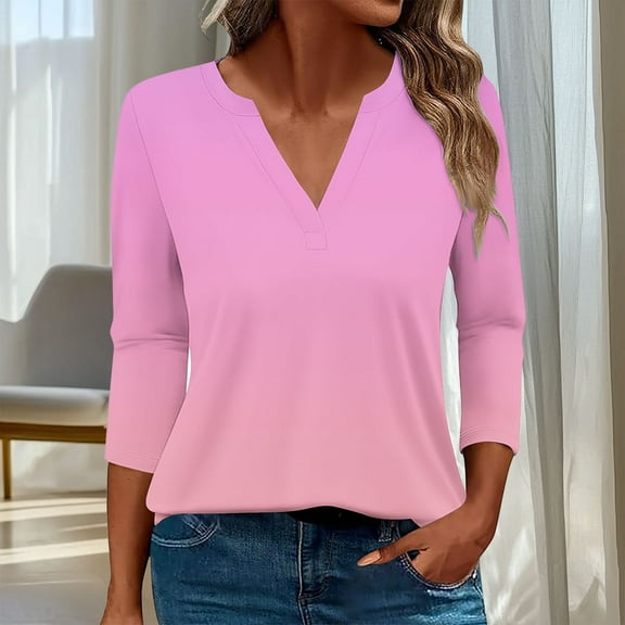 HOMBOM Tunnic Tops for Women 3/4 Sleeve Pink V-Neck Gradient Color New arrivals Casual T-Shirts