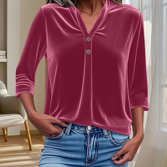 HOMBOM V Neck Blouses for Women 3/4 Sleeve Hot Pink Pullover Fall Solid Top