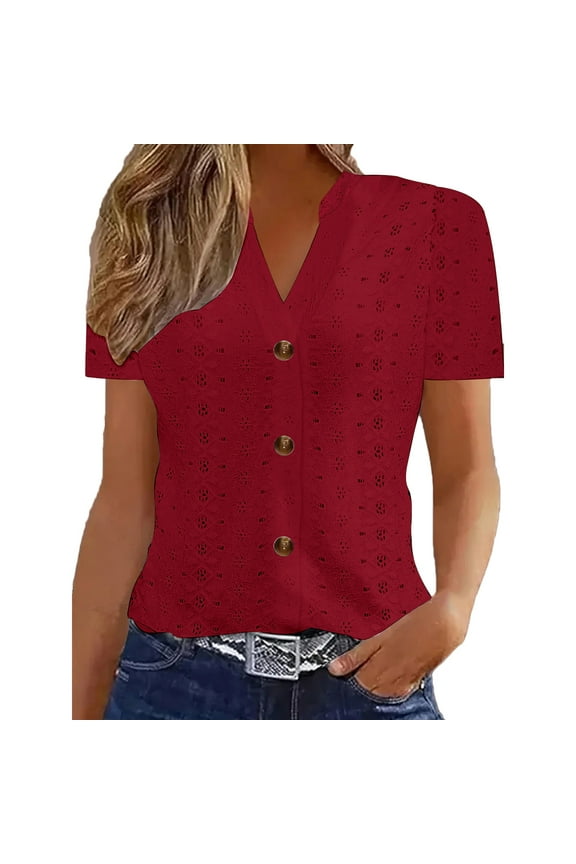 V Neck Blouses for Women Fashion Wine Solid Hollow Out Button Short Sleeve Shirts XL