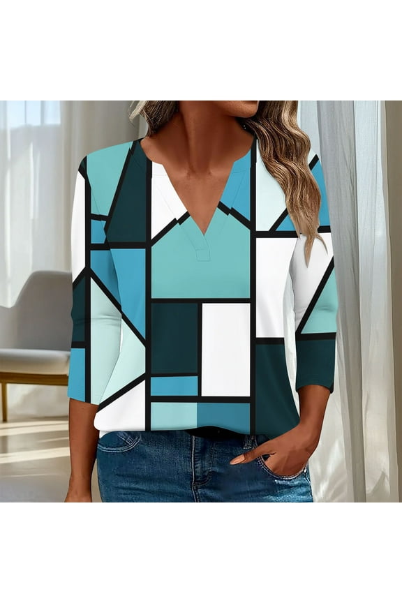 V-Neck Blouses for Women Light Blue 3/4 Sleeve Dressy Casual Graphic Geometric Loose T-Shirts