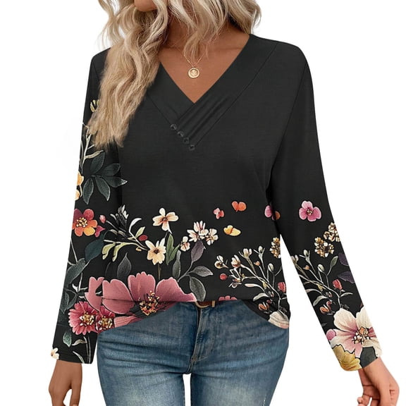 HOMBOM V-Neck T-Shirts for Women Black Fall Floral Tops Graphic Long Sleeve Womens