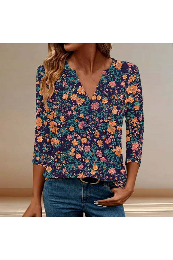 V-Neck T Shirts for Women Tunnic 3/4 Sleeve Brown Floral Boho Graphic New arrivals T-Shirts