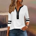 thumbnail image 1 of HOMBOM V Neck Tops for Women 3/4 Sleeve White Pullover Basic Half Zip Color Block Tee, 1 of 6