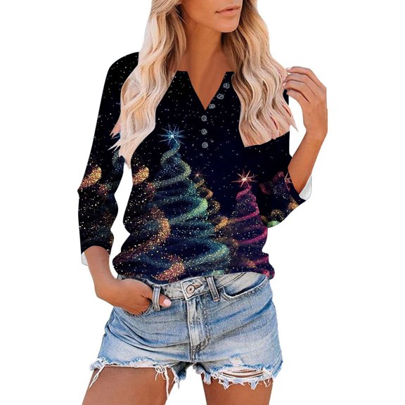 HOMBOM V Neck Tops for Women Basic Plus Size Casual Christmas 3/4 Sleeve Button down Snowflakes Females T Shirts