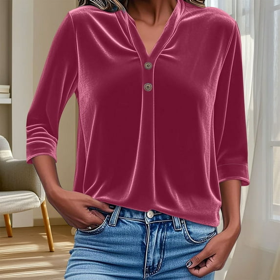 HOMBOM V Neck Tops for Women Hot Pink 3/4 Sleeve Pullover Casual Plain T Shirt