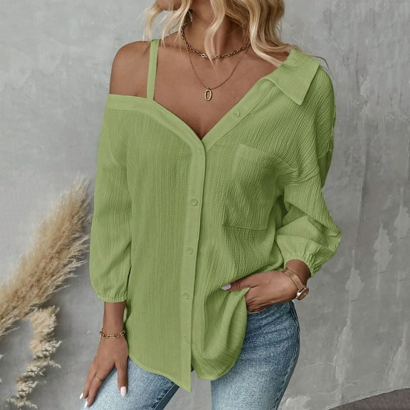 HOMBOM V-Neck Tops for Women Off Shoulder Green 3/4 Sleeve Cute Collared Loose Casual Shirt with Pockets