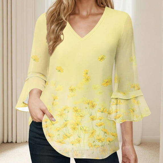 HOMBOM V-Neck Tops for Women Yellow Chiffon 3/4 Sleeve Summer Floral Temperament 2025 Ruffle Sleeves Blouse