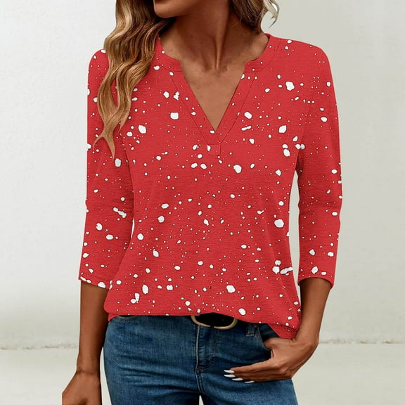 HOMBOM V Neck Women Shirts Red 3/4 Sleeve Pullover Casual Fashion Polka Dot T Shirt