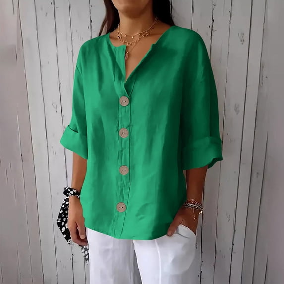 HOMBOM V-Neck Women T Shirts Basic Green 3/4 Sleeve Solid Color Cotton Linen Button down 2025 Blouse