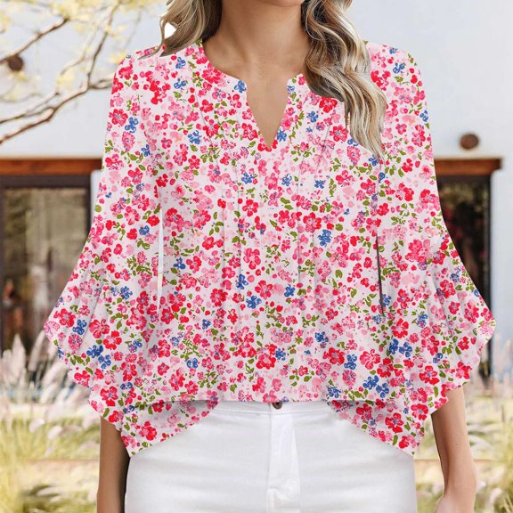 HOMBOM V-Neck Women Tops Pink 3/4 Sleeve Fall New arrivals Holiday Ruffle Sleeves Floral Shirt