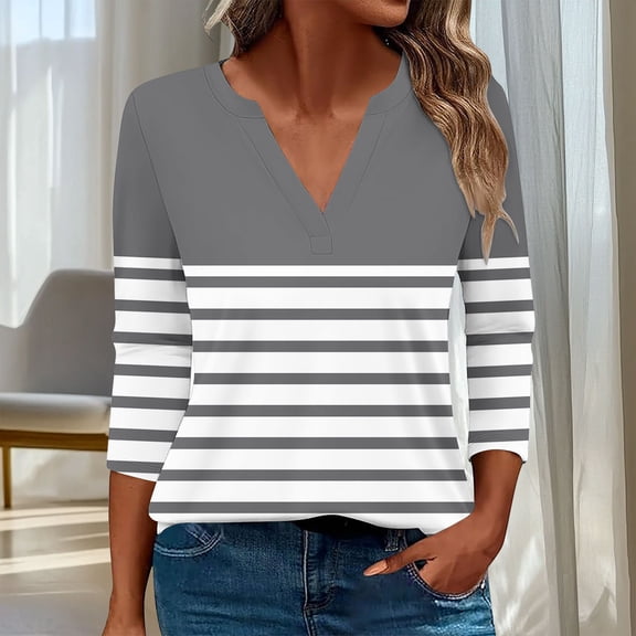 HOMBOM V-Neck Women Tops Trendy Gray 3/4 Sleeve Temperament Striped Patchwork Loose T-Shirts