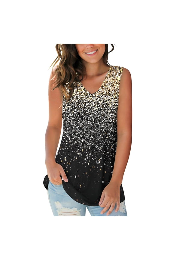 V-neck Tank Tops Sleeveless Black Fashion Print Tunic Blouse Tops Womens Summer Tops L