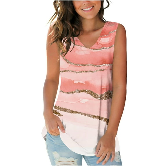 HOMBOM V-neck Tank Tops Sleeveless Pink Tunic Blouse Tops Fashion Print Trendy Tops for Women 2024 XXL