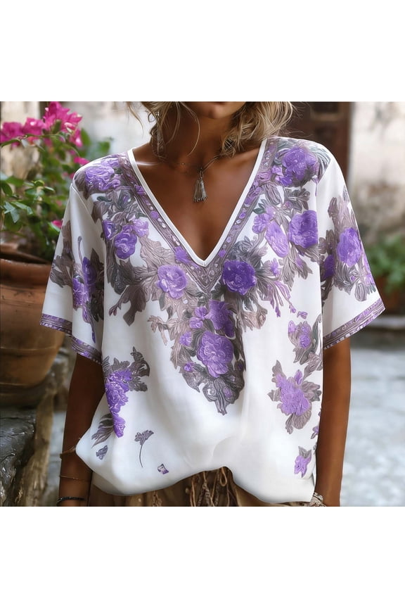 Vacation Tops for Women Spring Purple Boho Short Sleeve Loose Floral V Neck Comfy Womens T Shirts