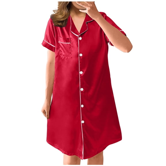 HOMBOM Valentines Day Pajamas Women Two Piece Solid V Neck Red Pajamas Nightdress Short Sleeve Sleepshirts Pajama Dress
