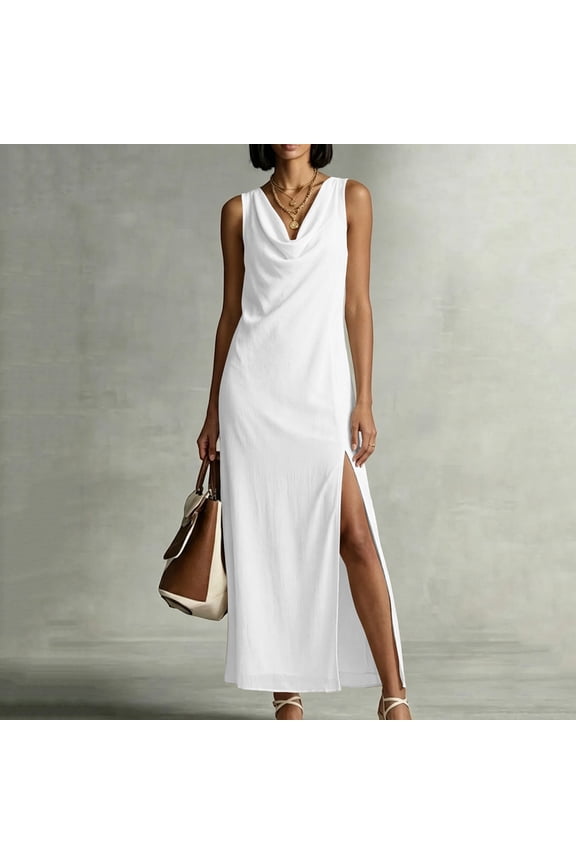 Wedding Guest Dresses for Women Long Cotton Linen Side Slit Everyday Maxi Sleeveless Womens Tank Dress Cowl Neck