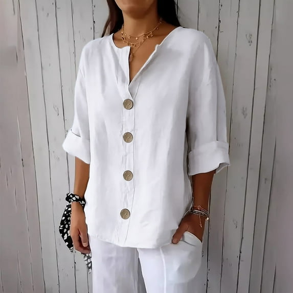 HOMBOM Western Blouses for Women White V-Neck 3/4 Sleeve Button down 2025 Cotton Linen Solid Color Blouse