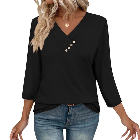 HOMBOM Western Shirts for Women 3/4 Sleeve Black V-Neck 2025 Solid Color Button Temperament T-Shirts
