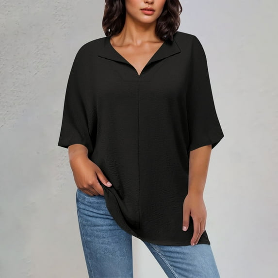 HOMBOM Western Shirts for Women Black 3/4 Sleeve Plus Size V-Neck 2025 Fashion Solid Color Shirt